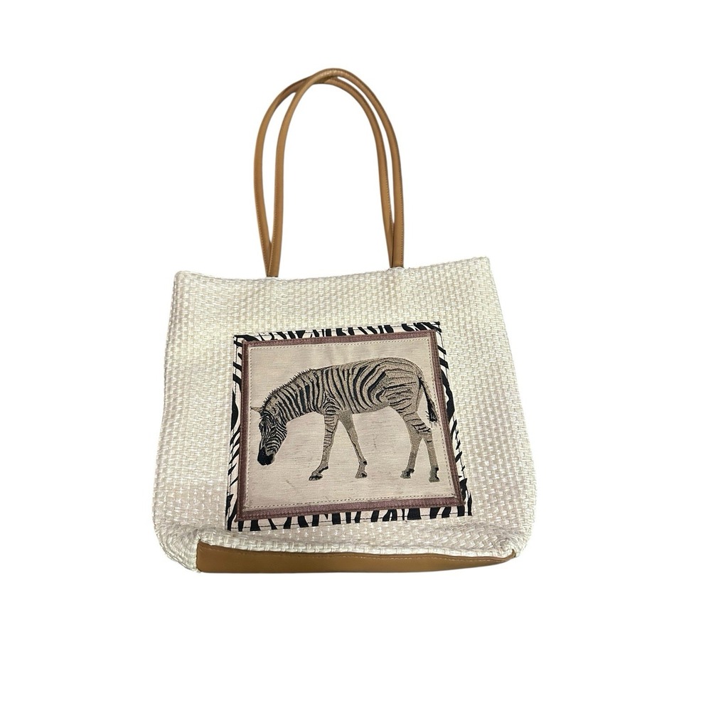 vintage wicker tote bag shoulder purse animal zebra